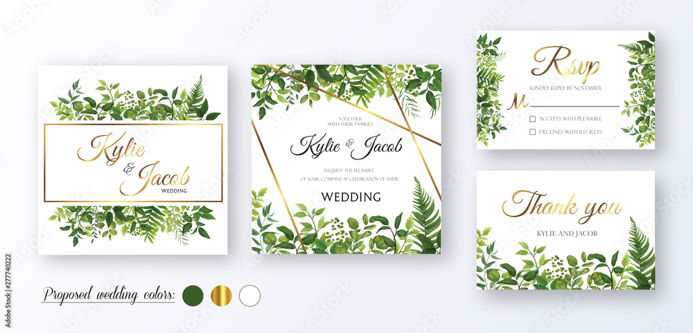 Gold wedding Invitation, thank you, rsvp card. Floral design with green watercolor fern leaves, foliage greenery decorative frame print. Vector elegant cute rustic greeting, invite, postcard 