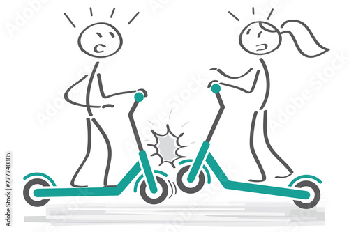 collision - Two Fgures Using Electric Scooter on the street - have an accident