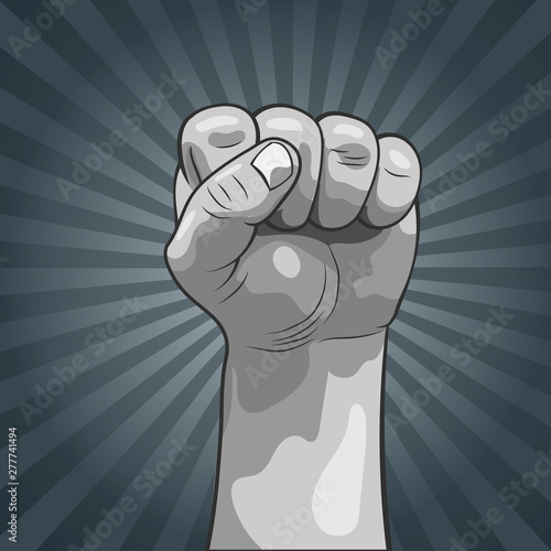 Hand clenched into a fist. Fist in a realistic style. Pop art style, comics. Isolated image. Poster. Vector illustration.
