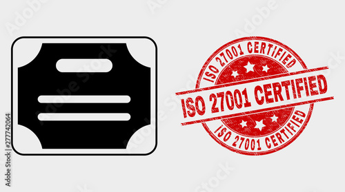 Vector certificate diploma pictogram and ISO 27001 Certified seal stamp. Red round scratched seal stamp with ISO 27001 Certified text. Vector composition for certificate diploma in flat style.