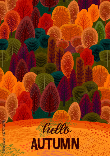 Autumn design with autumn forest. Vector template for card, poster, flyer, cover and other use