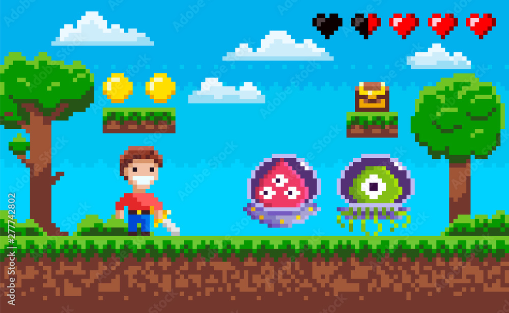 Pixel game, cavalier with steel and ufo war, coins on ground step, heart and cloudy sky, green trees, screen of duel between knight and monster vector, pixelated objects for video-game