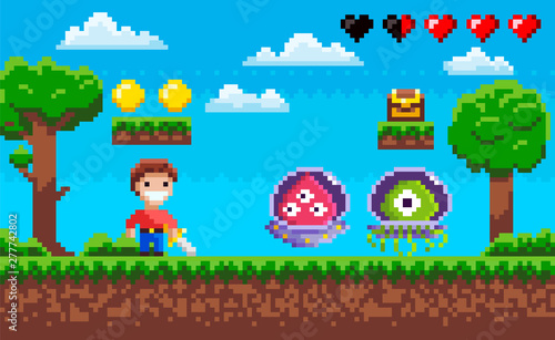 Pixel game, cavalier with steel and ufo war, coins on ground step, heart and cloudy sky, green trees, screen of duel between knight and monster vector, pixelated objects for video-game