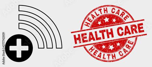 Vector medical source pictogram and Health Care seal stamp. Red rounded distress seal stamp with Health Care caption. Vector composition for medical source in flat style.