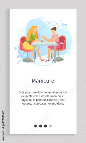 Manicure in spa salon vector, expert woman sitting by table polishing nails of client, cuticle cutting and making fingers look beautiful. Website or app slider template, landing page flat style