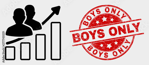 Vector people trend chart icon and Boys Only seal stamp. Red round textured seal stamp with Boys Only caption. Vector combination for people trend chart in flat style.