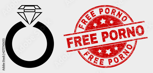 Vector jewelry ring icon and Free Porno watermark. Red round textured watermark with Free Porno text. Vector composition for jewelry ring in flat style. Black isolated jewelry ring icon.