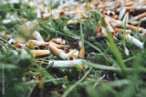 View of the pattern of scattered cigarette butts in the green grass on the meadow in the park of a big city. The problem of humanity. Smoking cigarettes, bad habit of man. Nicotine addiction. Garbage