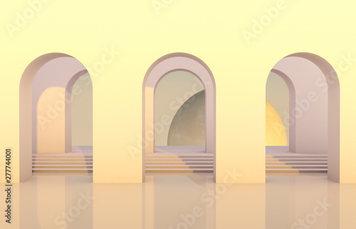 Scene with geometrical forms, arch with a podium in natural light and moon. minimal background. surreal background. 3D render.