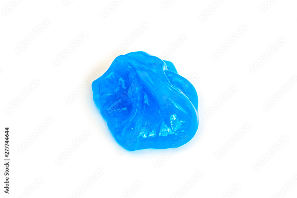 Modern toy for kids called slime. Transparent blue mucus isolated on a white background. 