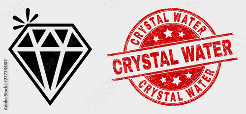 Vector spark brilliant icon and Crystal Water seal stamp. Red round scratched seal stamp with Crystal Water caption. Vector composition for spark brilliant in flat style.