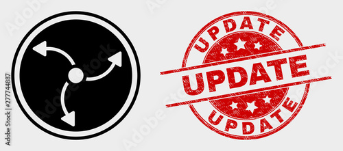 Vector turbine rotation pictogram and Update seal stamp. Red round grunge seal with Update caption. Vector composition for turbine rotation in flat style. Black isolated turbine rotation pictogram.