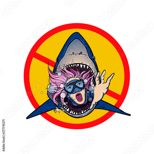 A terrible and creepy vector picture, shark attacked a scuba diver. Sign " Swimming prohibited". Diver in the jaws of a shark. Sinking girl pulls his hand in search of help..