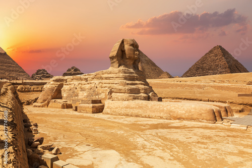 The Sphinx and the Pyramids, beautiful close sunset view, Egypt