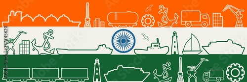 Freight vessels and other sea port symbols. Maritime transportation concept. Thin line icons. Flag of the India