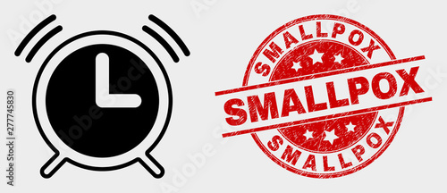 Vector alarm clock pictogram and Smallpox seal stamp. Red rounded scratched stamp with Smallpox text. Vector composition for alarm clock in flat style. Black isolated alarm clock pictogram.