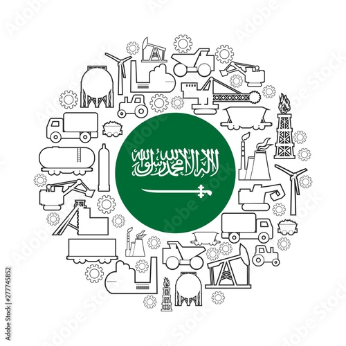 Concept of industrial plant and manufacture building. Energy generation and heavy industry. Brochure or cover design template. Circle frame with industrial thin line icons. Flag of the Saudi Arabia