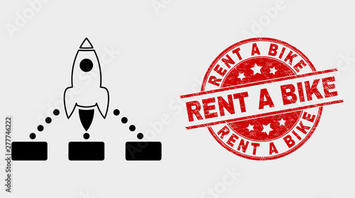 Vector rocket links icon and Rent a Bike seal. Red rounded scratched seal with Rent a Bike text. Vector combination for rocket links in flat style. Black isolated rocket links icon.