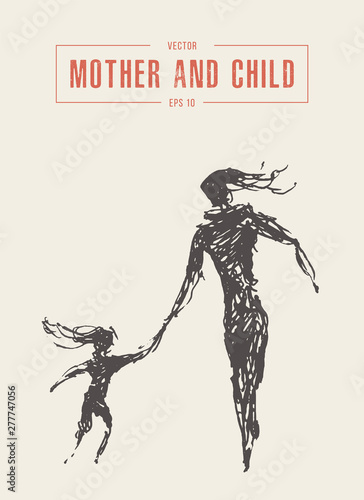Mother and child running silhouette drawn vector
