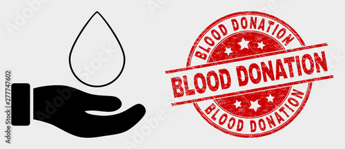 Vector blood donation hand pictogram and Blood Donation seal. Red round scratched seal with Blood Donation caption. Vector combination for blood donation hand in flat style.