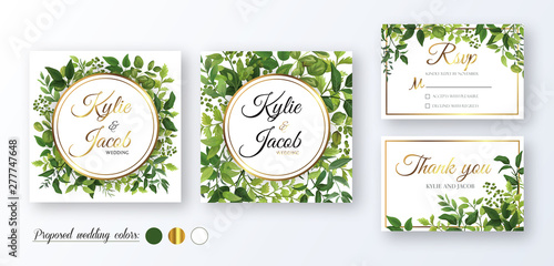 Gold wedding Invitation, thank you, rsvp card. Floral design with green watercolor fern leaves, foliage greenery decorative frame print. Vector elegant cute rustic greeting, invite, postcard 