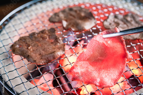 japanese barbeque beef tongue on grill