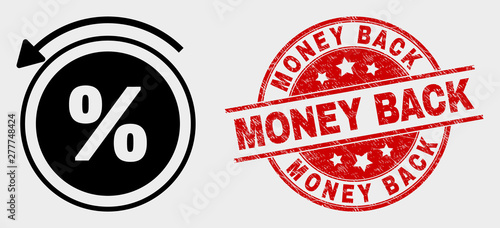 Vector percent back pictogram and Money Back seal stamp. Red rounded distress seal stamp with Money Back text. Vector combination in flat style. Black isolated percent back symbol.