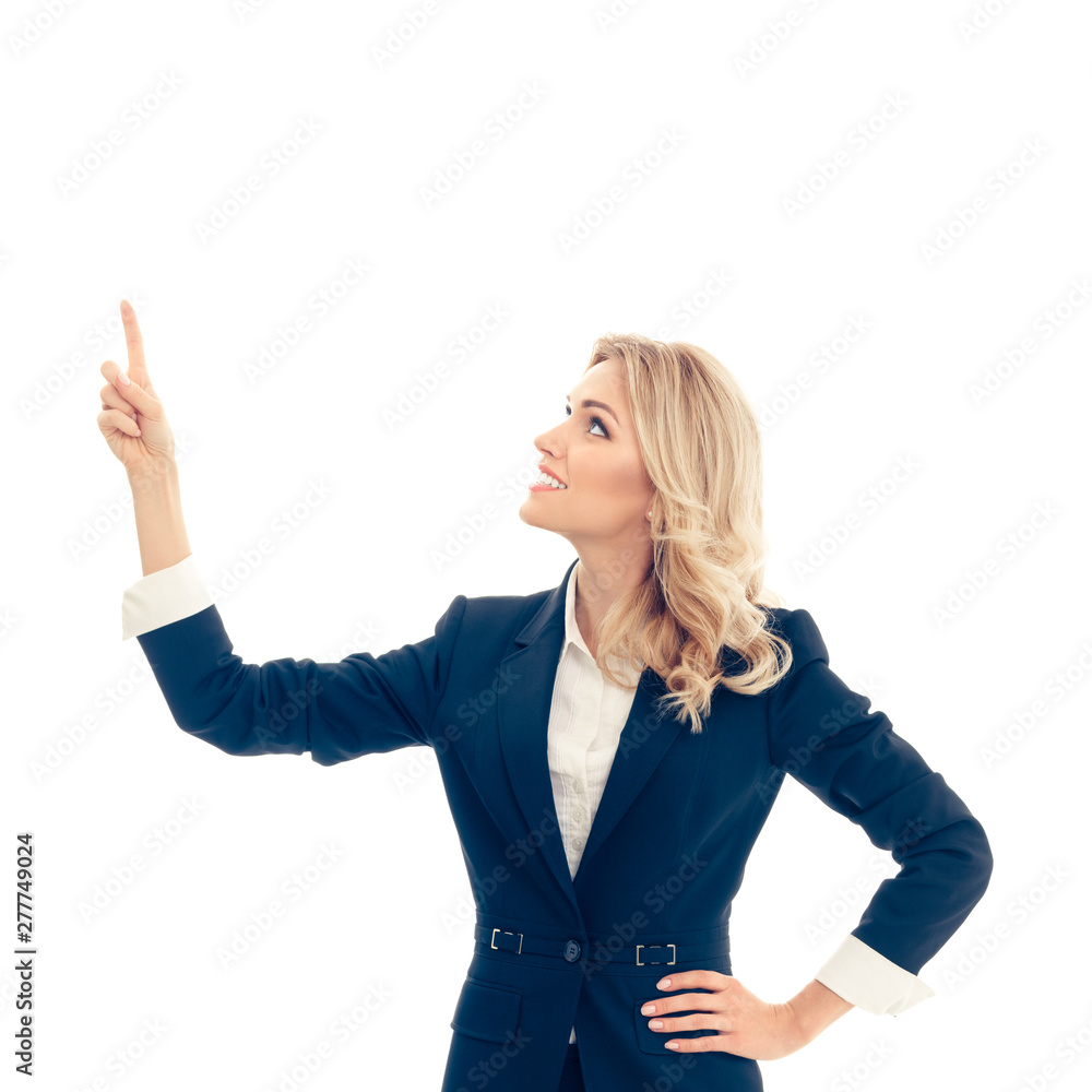 young businesswoman, showing something, against white color background young businesswoman, showing something, against white color background