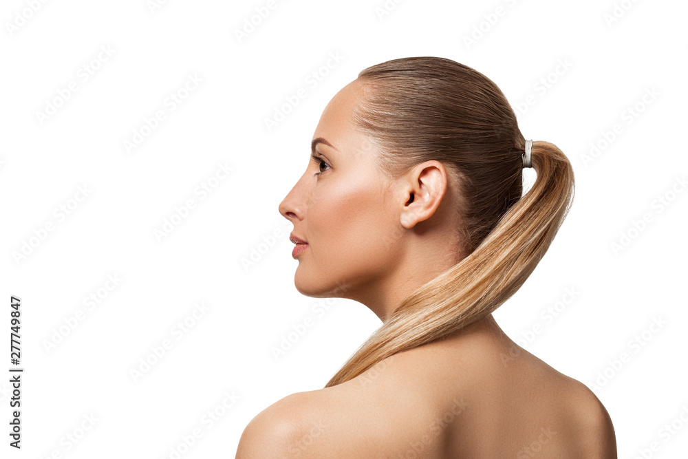 Beauty profile portrait of female face with natural skin. model with light nude make-up isolated on white background Beauty profile portrait of female face with natural skin. model with light nude make-up isolated on white background