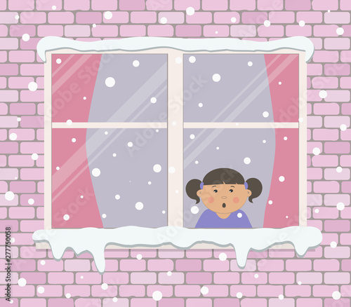 Window on a brick wall on a snowy day. A little girl in the room is surprised, looking at the snow. View from the street side. Winter background. Vector illustration.