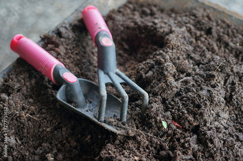 Wallpaper Mural Closeup gardening tools on the fertile soil. Leisure activity in organic farming Torontodigital.ca