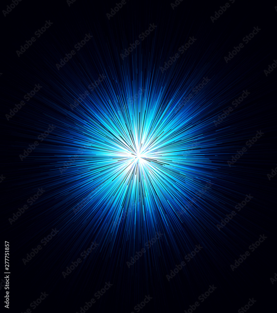 Abstract white light sphere with many blue rays spreading into all the directions isolated on black background. Print. Beautiful glowing orb, light beams.