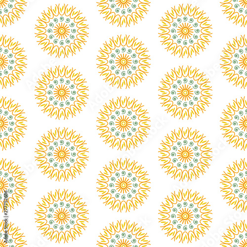 Stylized dandelion flower drawn seamless pattern. Abstract yellow flowers