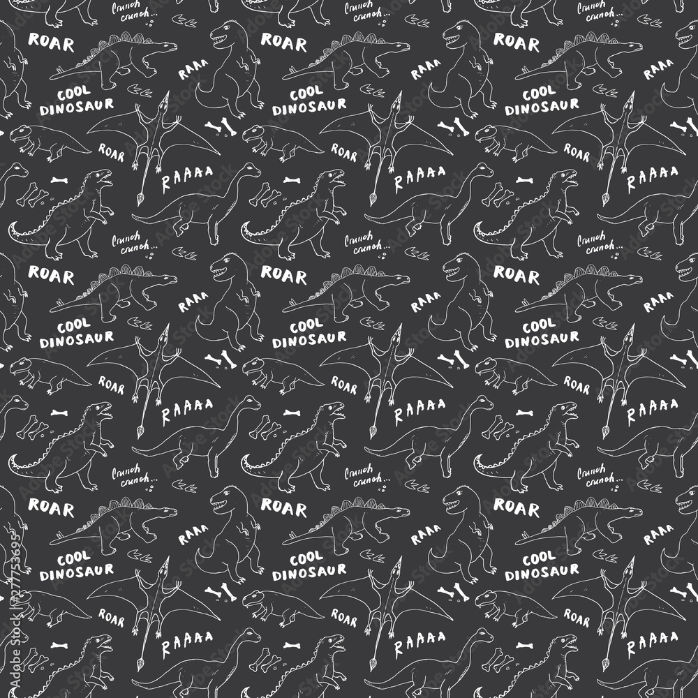 Dino Seamless Pattern, Cute Cartoon Hand Drawn Dinosaurs Doodles Vector Illustration Dino Seamless Pattern, Cute Cartoon Hand Drawn Dinosaurs Doodles Vector Illustration