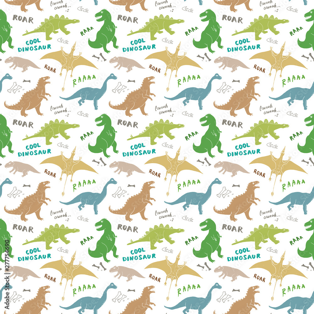 Dino Seamless Pattern, Cute Cartoon Hand Drawn Dinosaurs Doodles Vector Illustration