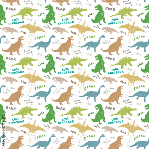 Dino Seamless Pattern  Cute Cartoon Hand Drawn Dinosaurs Doodles Vector Illustration