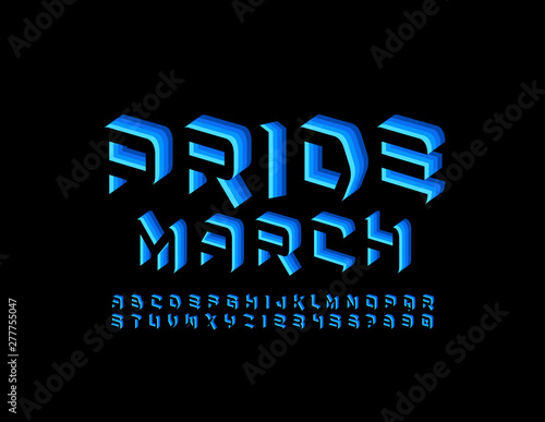 Vector creative poster Pride March. Black and Blue layered Font. Trendy Alphabet Letters and Numbers set