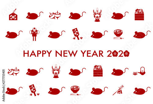 2020年年賀状子年: ねずみと日本文化の赤アイコン 
