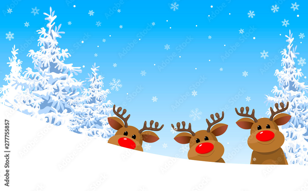 Reindeer in the winter forest. Winter. Winter forest. Group of deer. Deer on the background of the winter forest and blue sky with snowflakes Reindeer in the winter forest. Winter. Winter forest. Group of deer. Deer on the background of the winter forest and blue sky with snowflakes