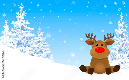 Cute deer in the winter forest. Winter. Winter forest. Reindeer on the background of the winter forest and blue sky with snowflakes