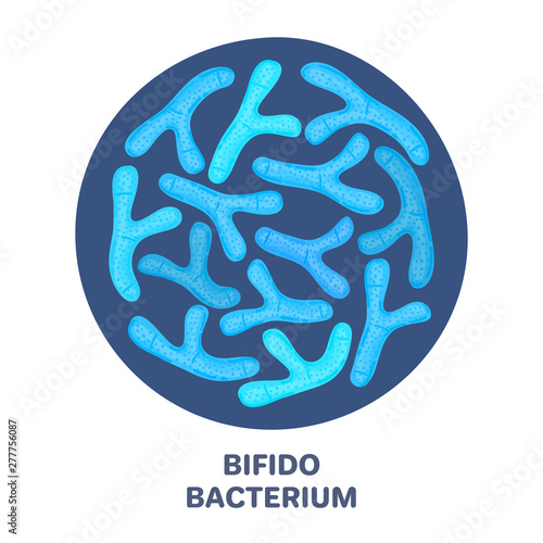 Vector probiotics in circular shape. Bifidobacterium. Microbiome. Medicine or dietary supplement. Brochure, flyer, label, cover, poster, banner, package, advertising, presentation. Blue color. Eps10