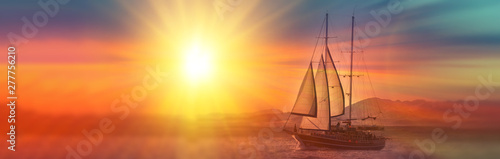 Old ancient ship on peaceful ocean at sunset. Calm waves reflection, sun setting. Copy space. Panoramic view