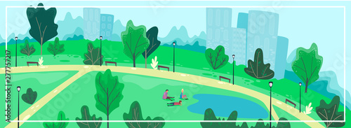 Urban park scenery with people. Summer cityscape banner. Vector illustration, cartoon flat style.
