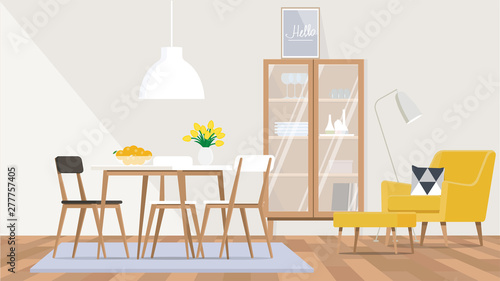 The interior design of the living room and dining room in the Scandinavian style with a yellow chair, wooden furniture. 