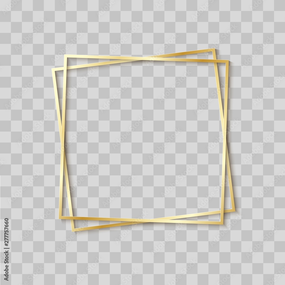 Paper cut gold frame with realistic shadow. Two golden inclined square