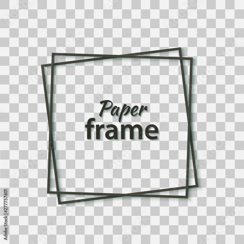 Paper cut black frame with realistic shadow. Two dark inclined square frames lie one on another. Vector card illustration with place for selling advertising text. 3d banner on transparent background