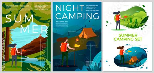 Vector summer posters set - tourist girl with backpack, day and night summer camp, forests, trees and hills on dark background. Print template with place for your text.