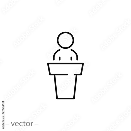 speaker icon, presenter speaker on podium, business public conference, thin line symbol for web and mobile phone on white background - editable stroke vector illustration eps10