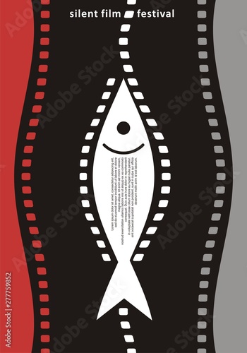 Silent film festival poster design with film strip and fish in negative space. Movie cinema event flyer idea. Entertainment vector illustration.