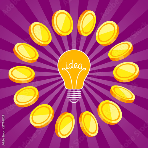Idea symbol and gold coins around